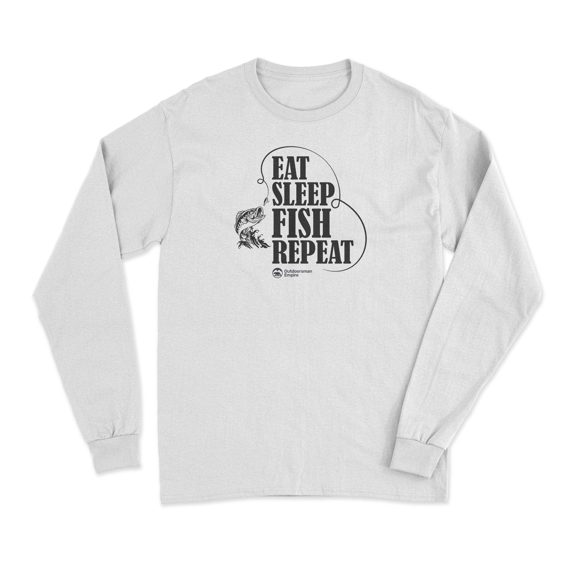 Men's long sleeve shirt featuring 'Eat Sleep Fish Repeat' design, perfect for fishing enthusiasts.