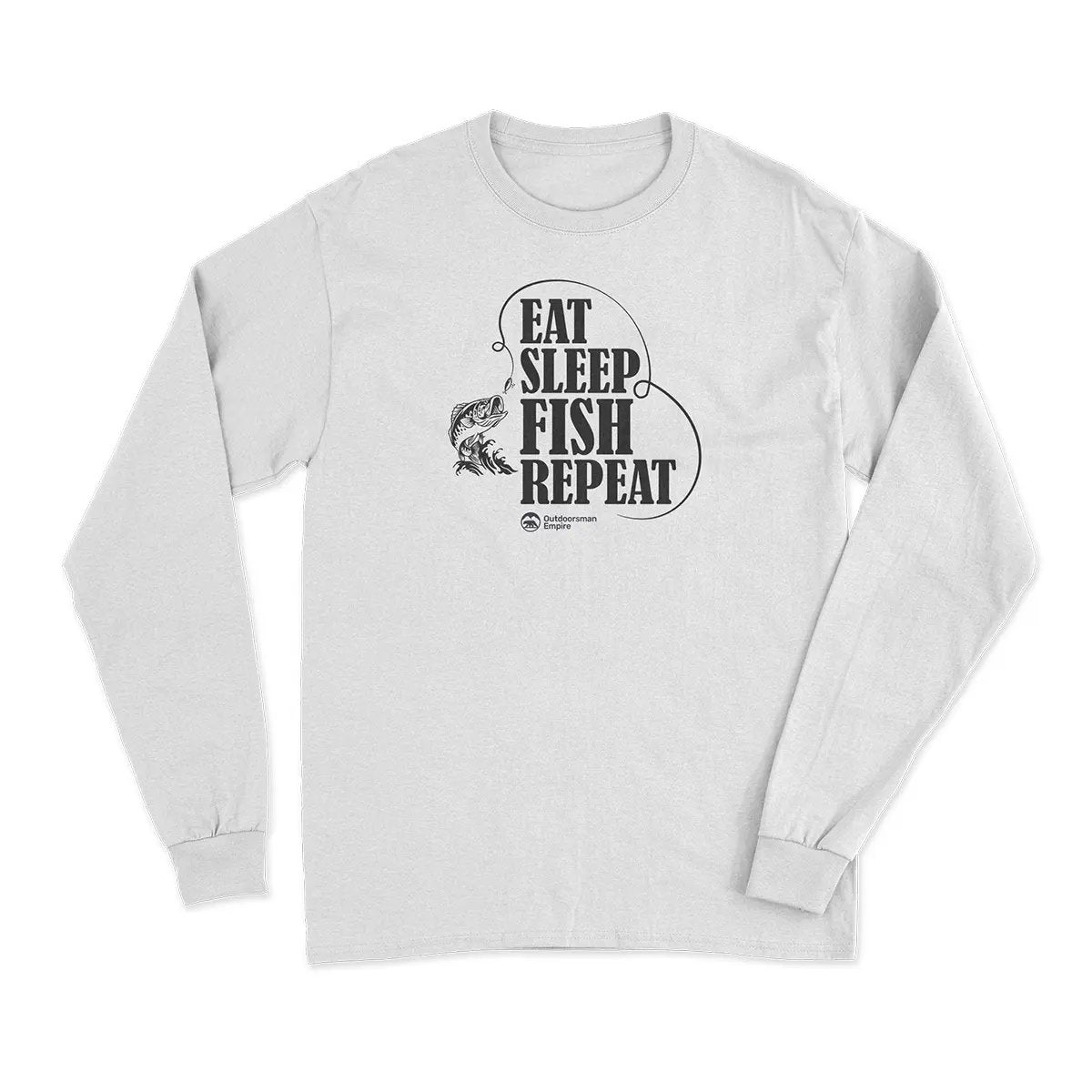 Men's long sleeve shirt featuring 'Eat Sleep Fish Repeat' design, perfect for fishing enthusiasts.