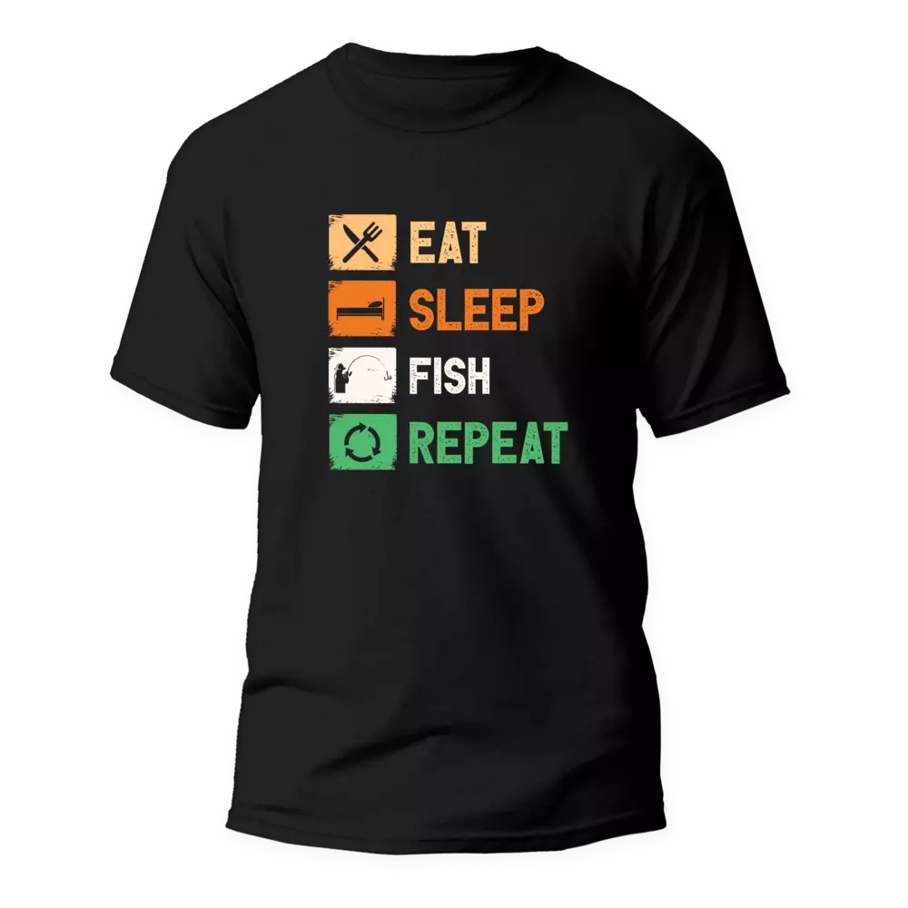 Eat Sleep Fishing Repeat Man T-Shirt in a modern classic fit, made from 100% Ringspun Cotton, featuring a catchy fishing slogan.