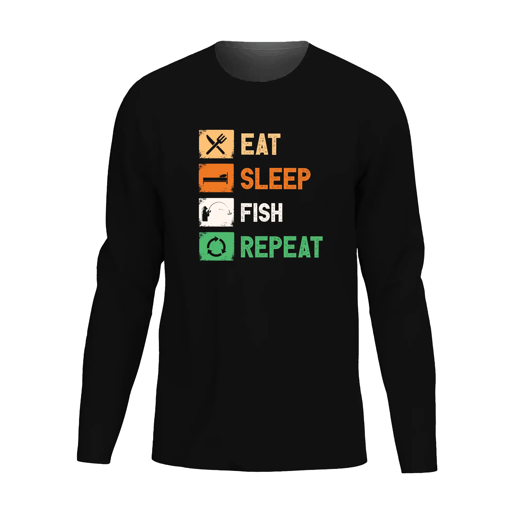 Men's long sleeve shirt featuring 'Eat Sleep Fishing Repeat' design, perfect for fishing enthusiasts.