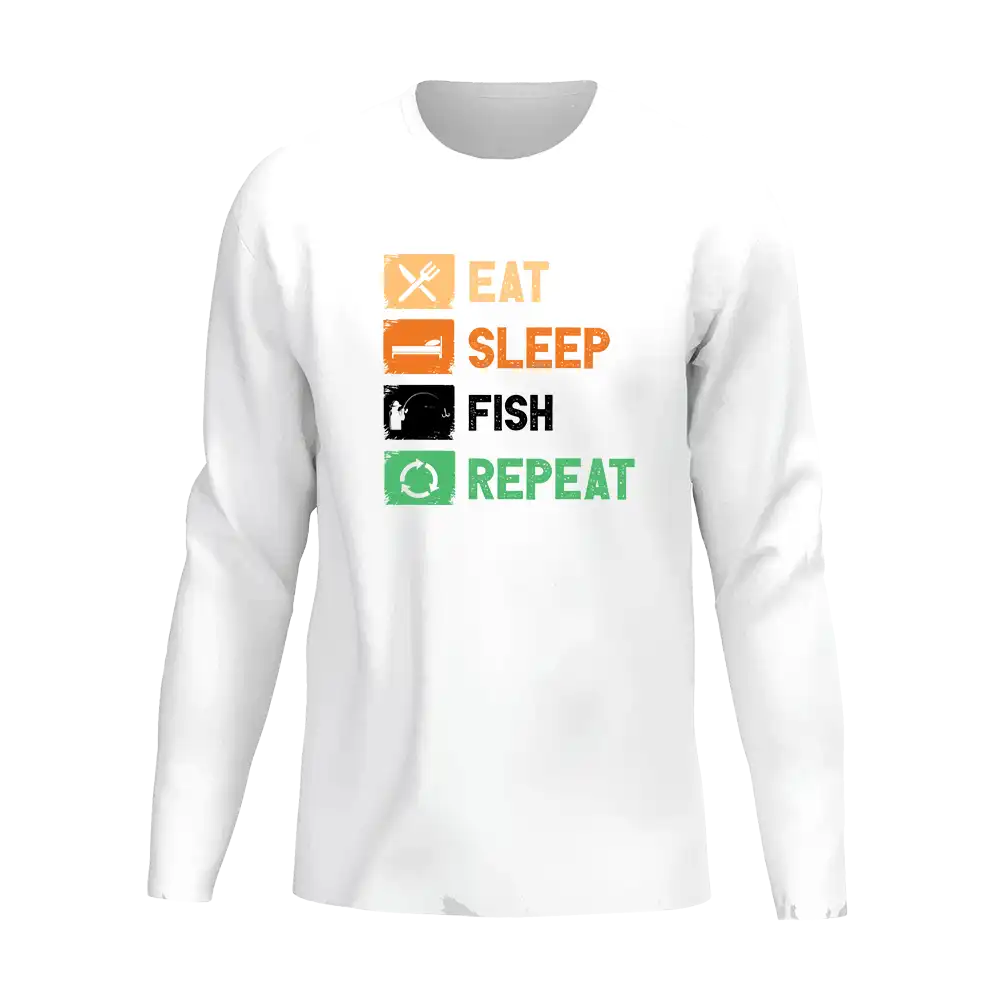 Men's long sleeve shirt featuring 'Eat Sleep Fishing Repeat' design, perfect for fishing enthusiasts.