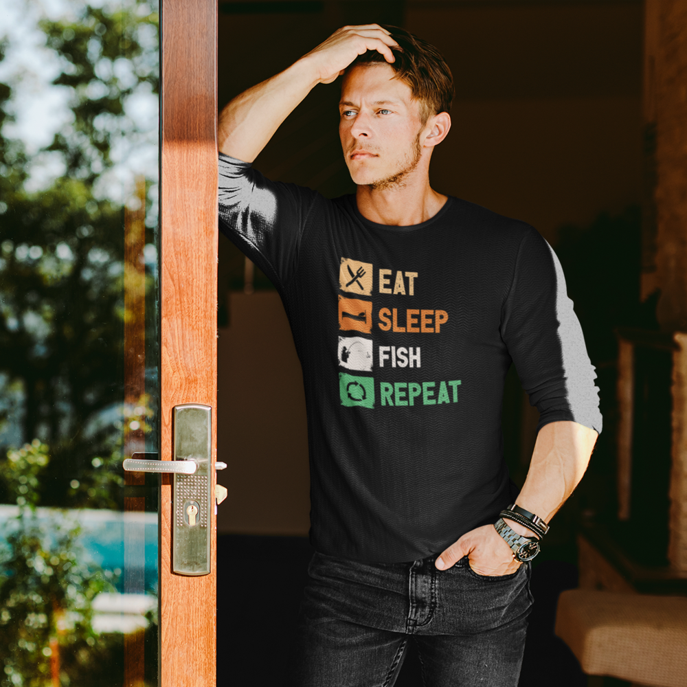 Men's long sleeve shirt featuring 'Eat Sleep Fishing Repeat' design, perfect for fishing enthusiasts.