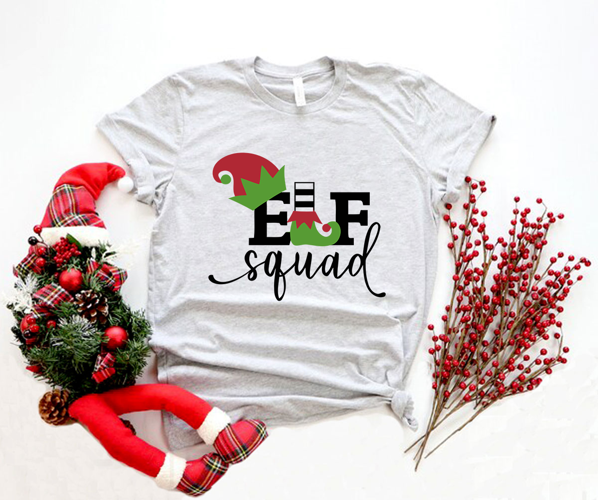 A stylish unisex Elf Squad Shirt made from soft ring spun cotton, available in various colors and sizes, featuring a crew neck and short sleeves.