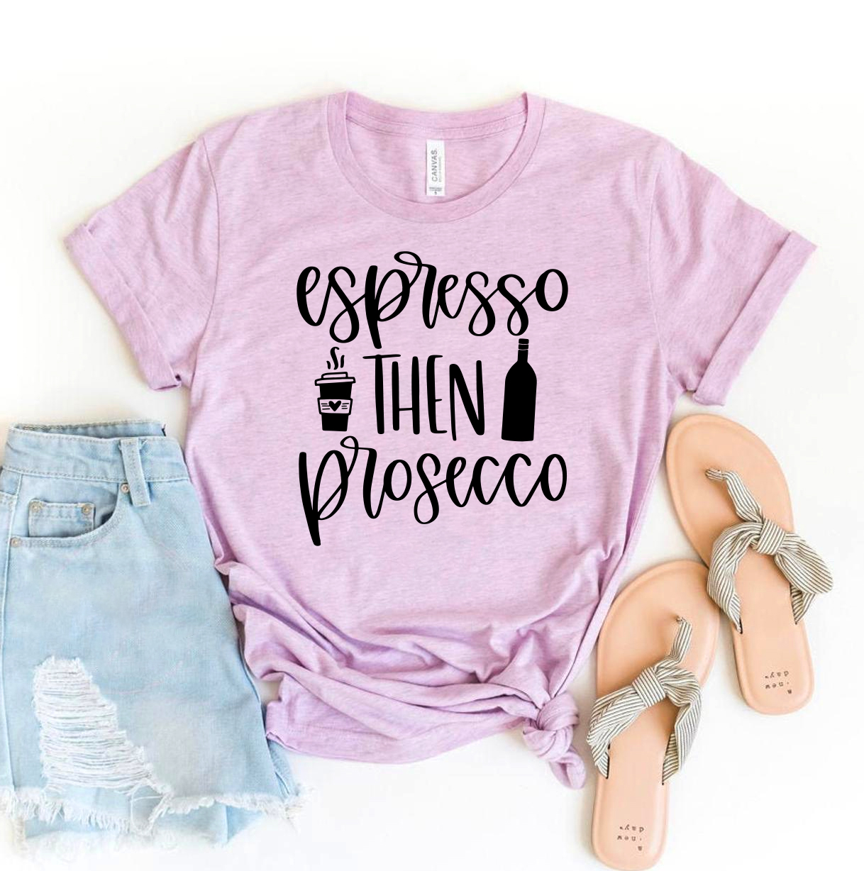 Espresso Then Prosecco T-shirt made of premium ring spun cotton, featuring a stylish print, available in various sizes.