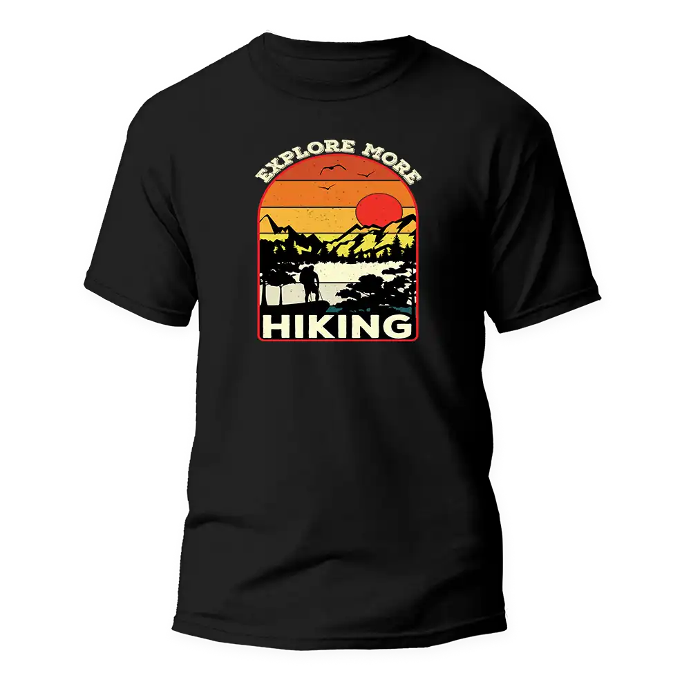 Explore More Hiking Man T-Shirt featuring a modern classic fit in soft Ringspun Cotton, perfect for outdoor adventures.
