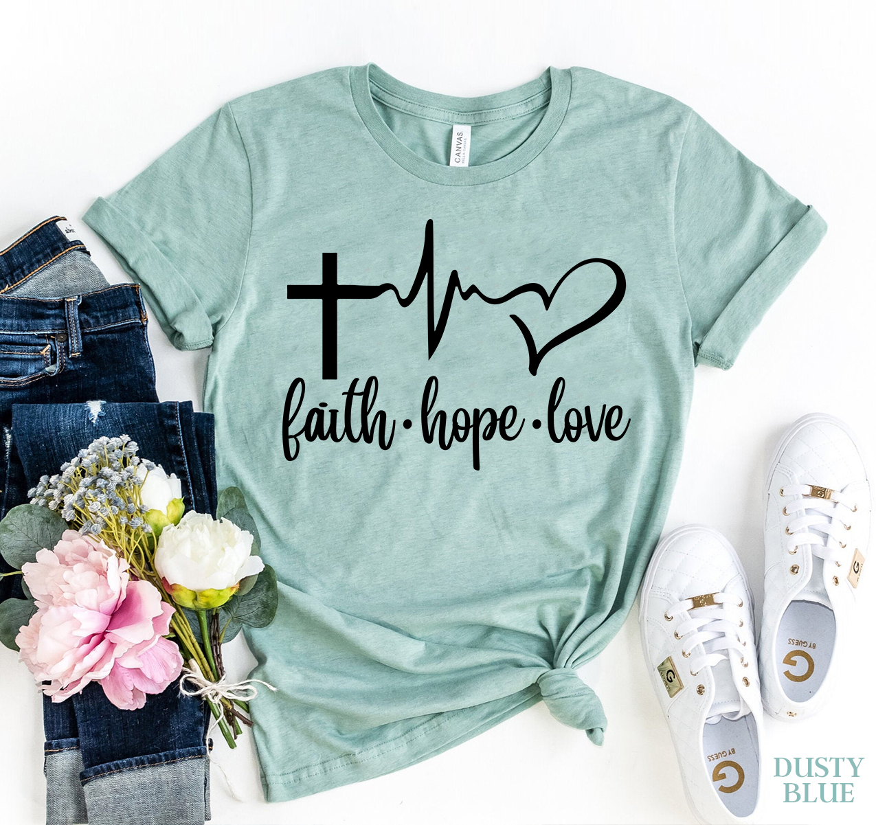 Faith Love Hope T-shirt made of premium ring spun cotton with a soft feel and high-quality flex print design.