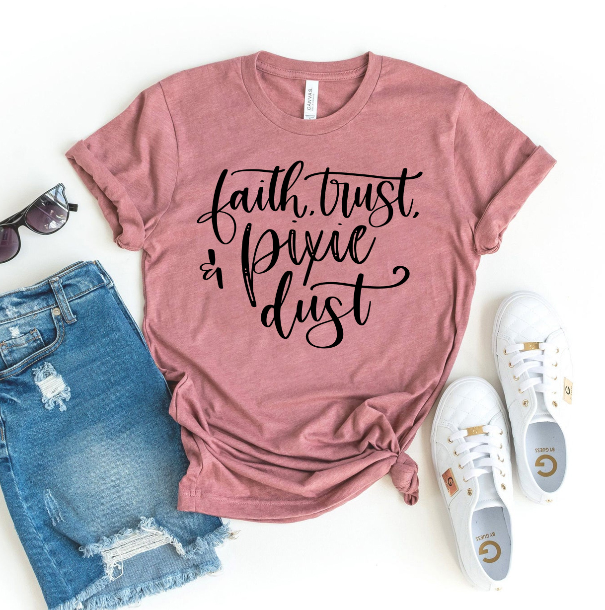 Faith Trust & Pixie Dust T-shirt made from premium ring spun cotton, featuring a vibrant flex print design.