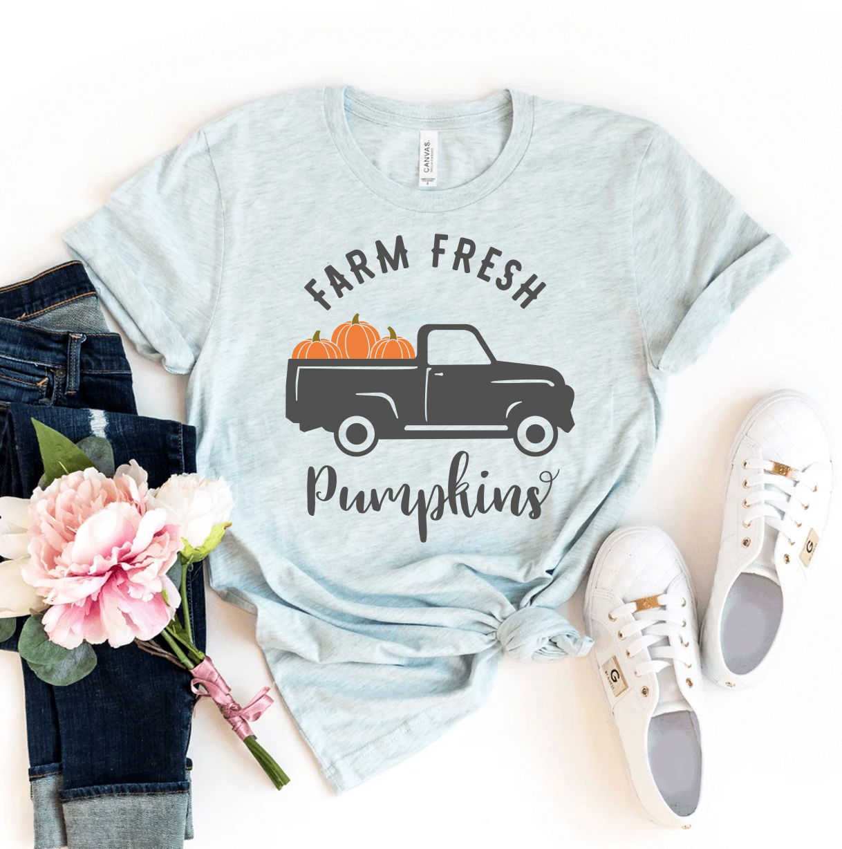 Farm Fresh Pumpkins T-shirt made of premium ring spun cotton with a vibrant pumpkin design.