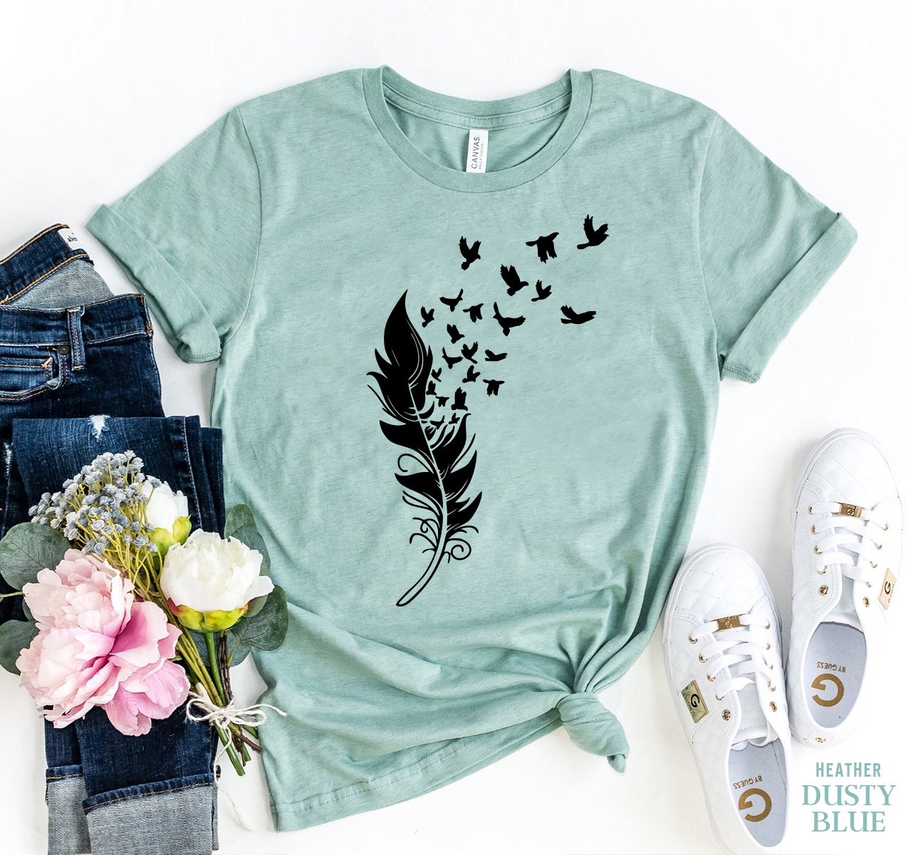 Feather Bird T-shirt made of premium ring spun cotton with a vibrant design, available in various sizes.