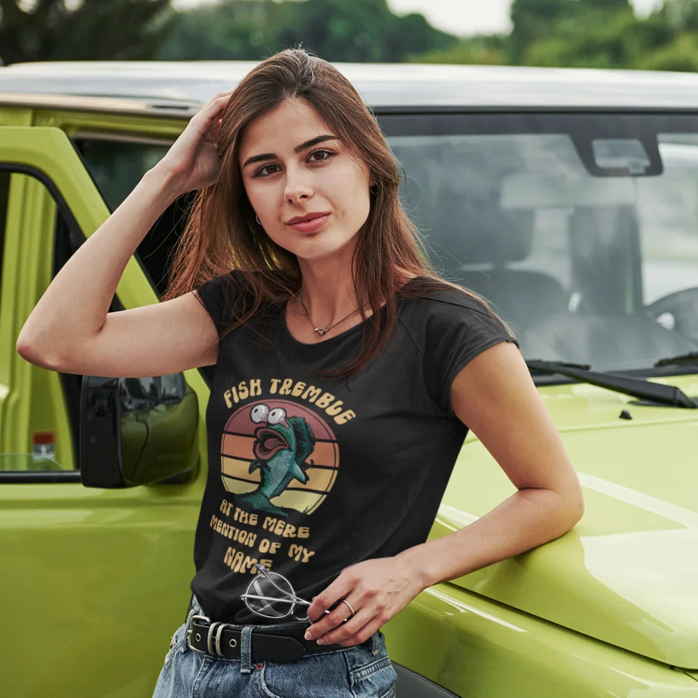 A stylish Fish Tremble T-Shirt for women featuring a unique design, made from soft Ringspun Cotton, perfect for casual wear.