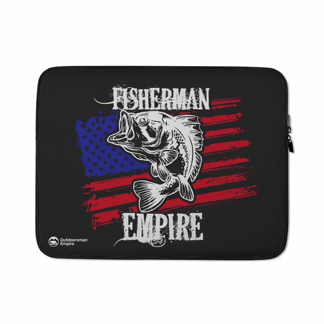 Fisherman American Empire Color Laptop Sleeve featuring a vibrant design, padded zipper, and faux fur interior lining for protection.