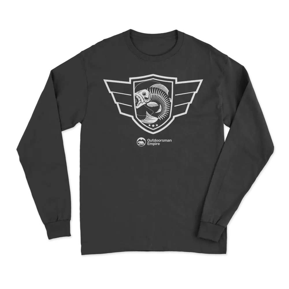Fishing Air Force Men Long Sleeve Shirt featuring a classic design, midweight fabric, and double-needle stitching for durability.