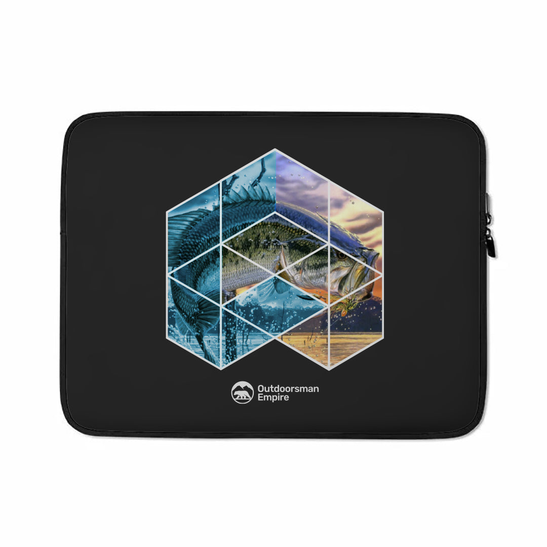 Fishing Geometry Laptop Sleeve featuring a unique design, padded zipper, and faux fur lining for laptop protection.