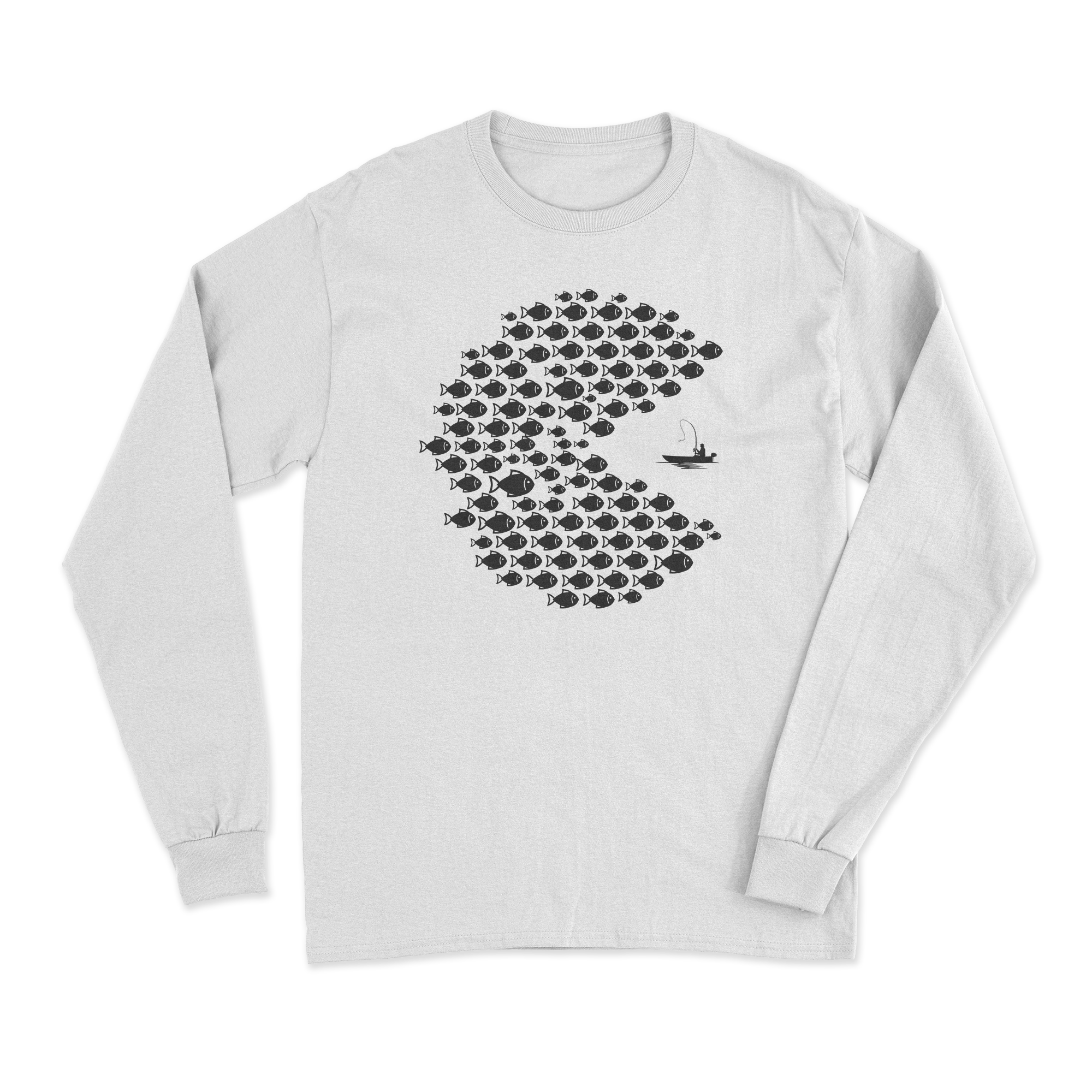 Fishing Pacman Style Long Sleeve T-Shirt featuring vibrant all-over print and soft fabric, perfect for fishing enthusiasts.