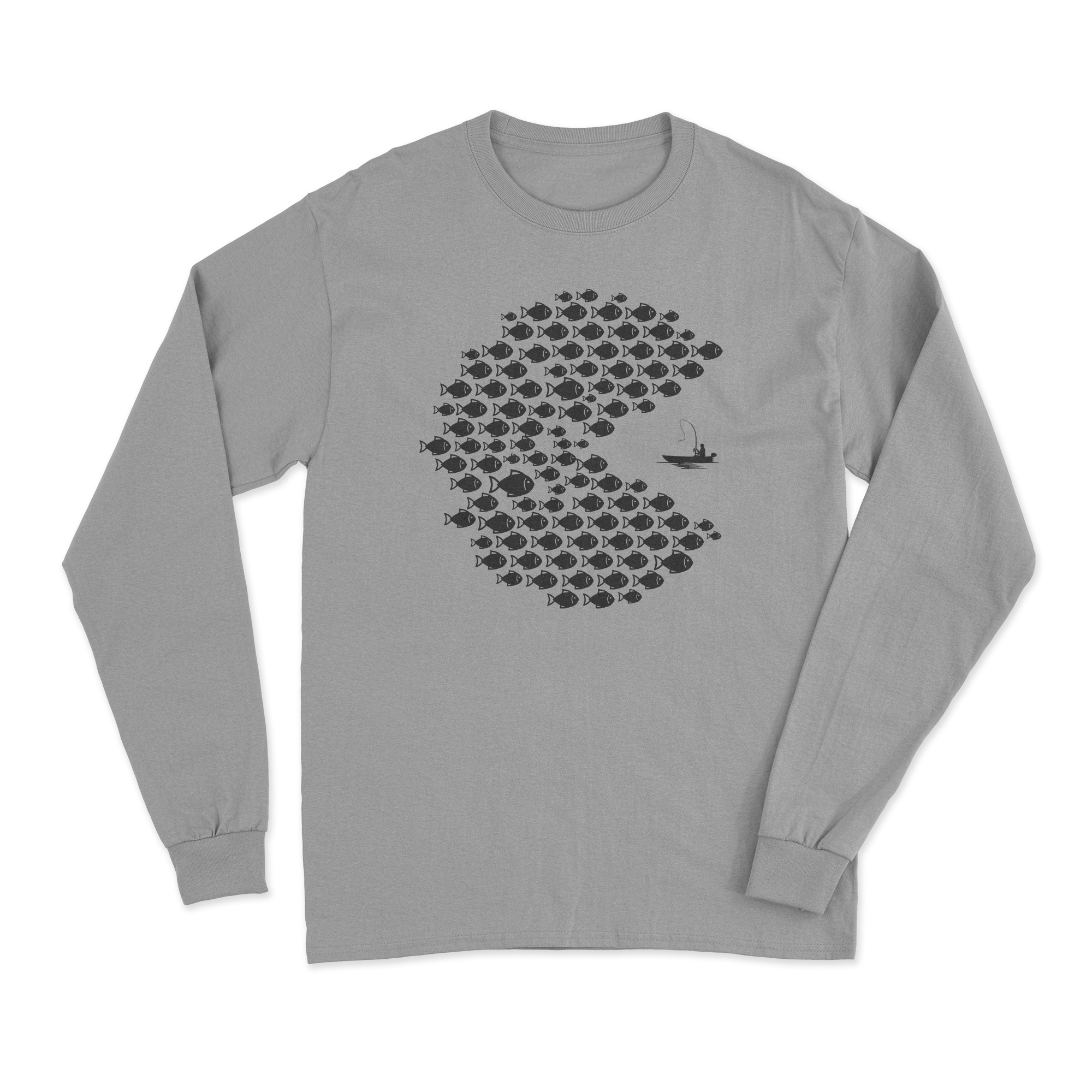 Fishing Pacman Style Long Sleeve T-Shirt featuring vibrant all-over print and soft fabric, perfect for fishing enthusiasts.