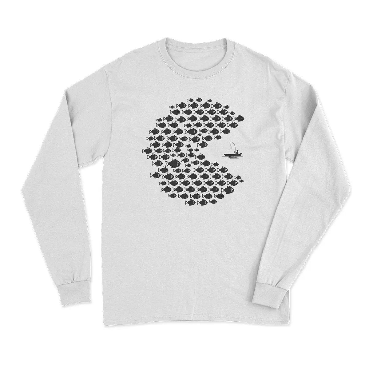Fishing Pacman Style Long Sleeve T-Shirt featuring vibrant all-over print and soft fabric, perfect for fishing enthusiasts.