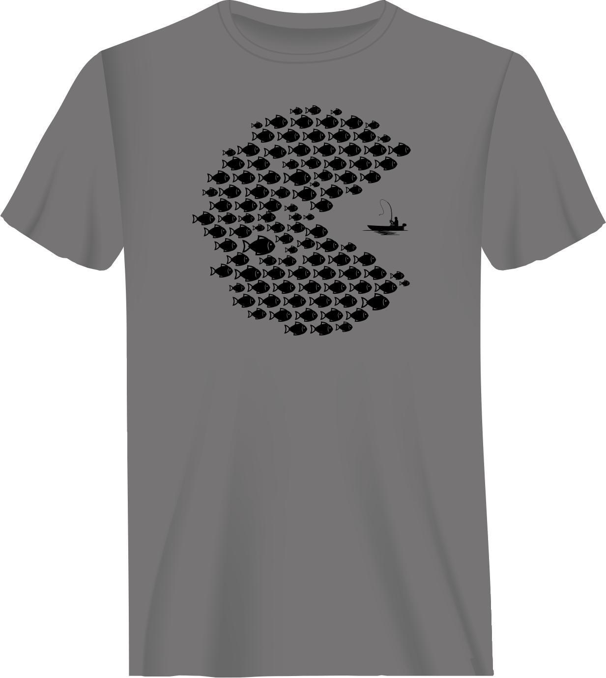 Fishing Pacman Style Man T-Shirt featuring a playful Pacman design, made from soft ringspun cotton, perfect for fishing enthusiasts.