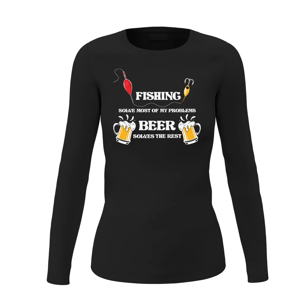 A stylish long sleeve shirt for women featuring the phrase 'Fishing Solves All My Problem', perfect for fishing enthusiasts.
