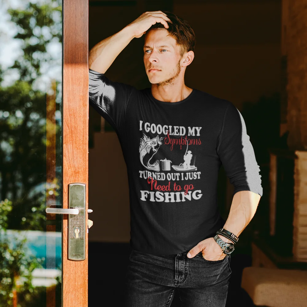 Fishing Symptoms Men Long Sleeve Shirt featuring a unique design, classic midweight fabric, and a semi-fitted silhouette, perfect for fishing and casual wear.