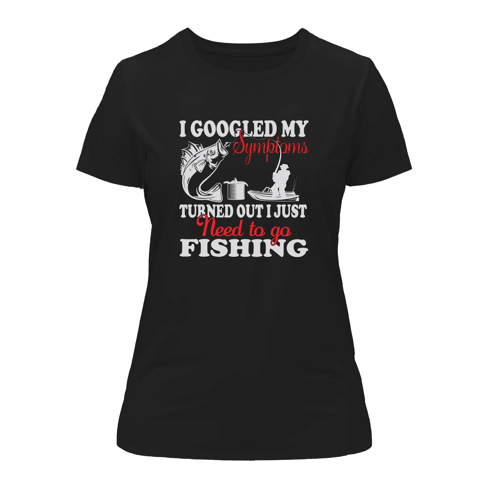 Fishing Symptoms T-Shirt for Women featuring a unique design, made from 100% Ringspun Cotton, perfect for casual outings.