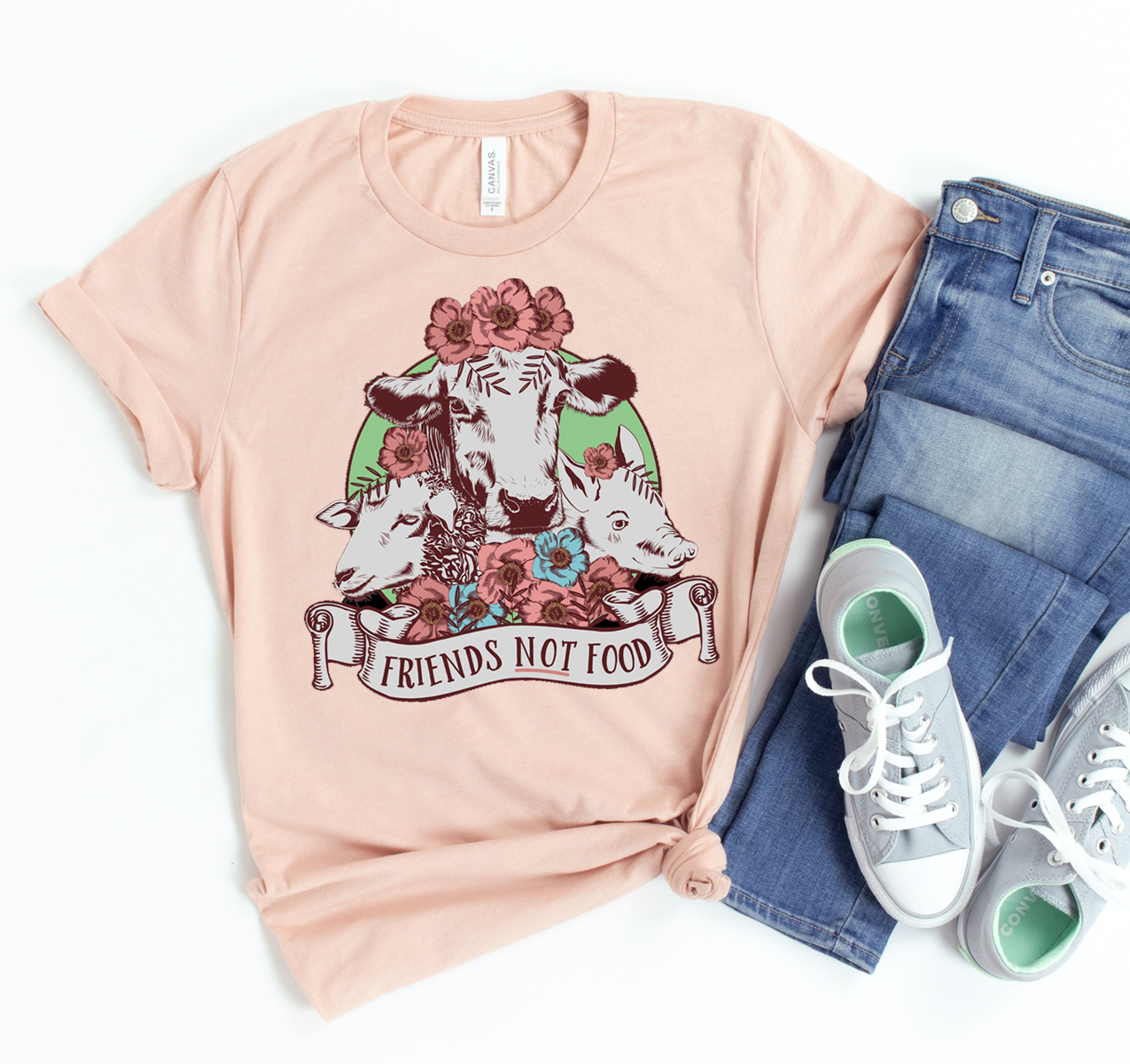 Friends Not Food T-shirt featuring a unisex design in soft cotton fabric, showcasing a compassionate message for animal lovers.