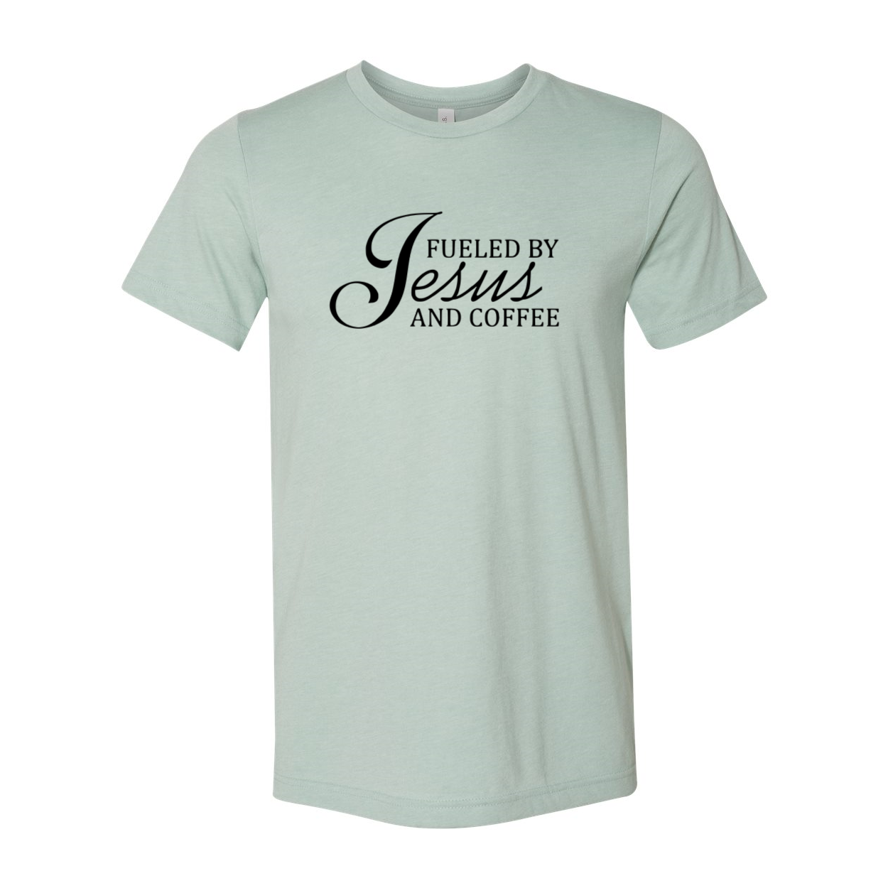 A comfortable unisex T-shirt featuring the phrase 'Fueled By Jesus And Coffee' in stylish print, available in multiple colors.