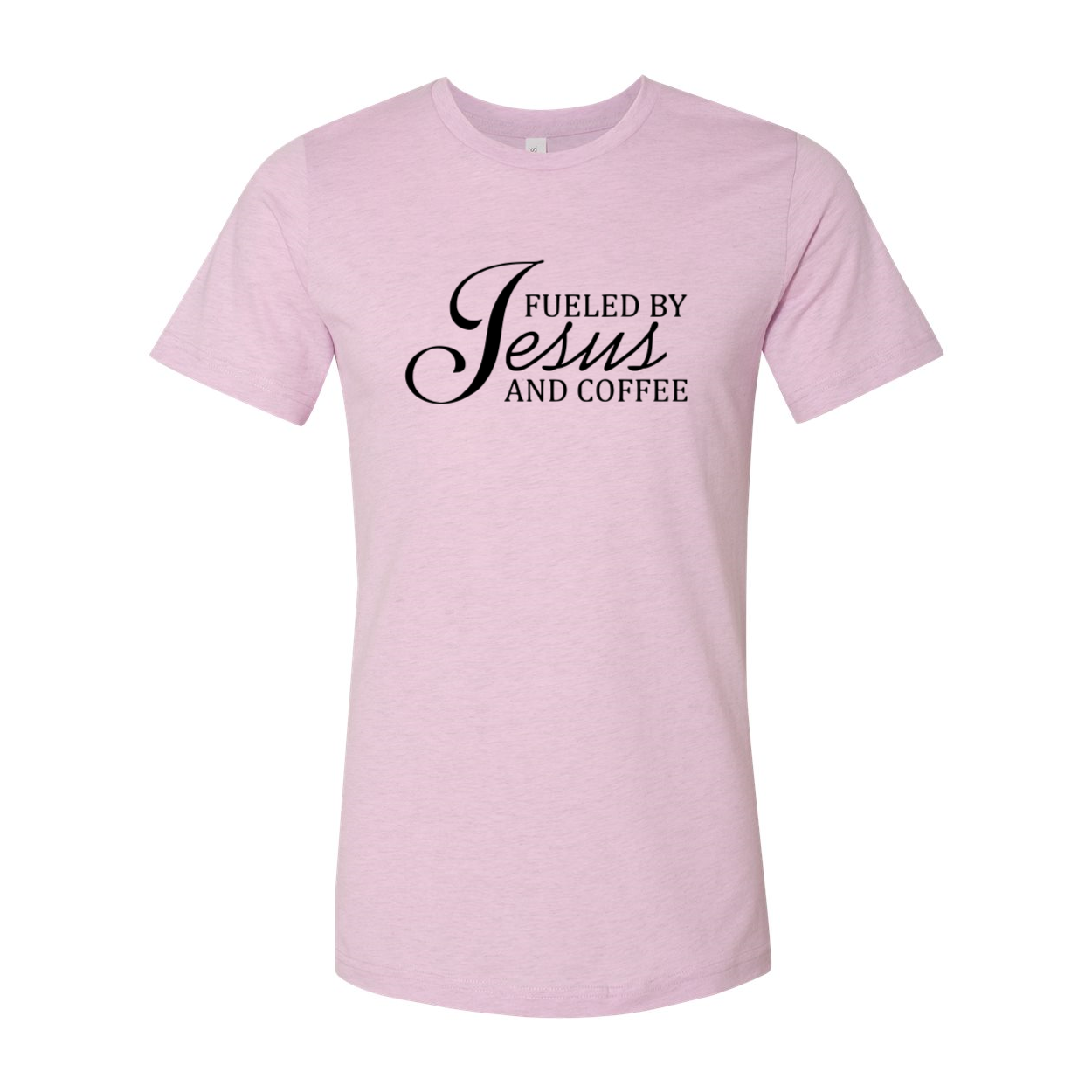 A comfortable unisex T-shirt featuring the phrase 'Fueled By Jesus And Coffee' in stylish print, available in multiple colors.