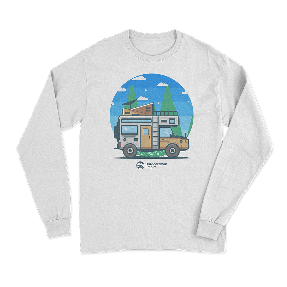 Funny Camping Long Sleeve T-Shirt featuring an all-over camping print, made from soft cotton fabric with a modern fit.