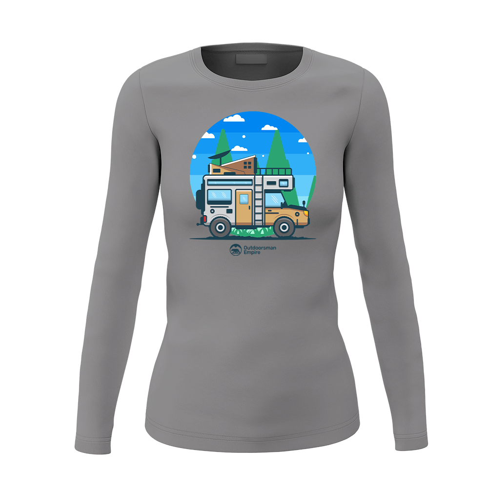 A stylish long sleeve shirt for women featuring a funny camping design, made from soft cotton fabric with a cozy fleece interior.