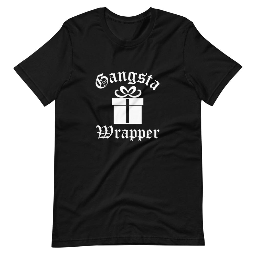Gangsta Wrapper Christmas Tee featuring a fun design, made from 100% Ringspun Cotton, perfect for holiday celebrations.