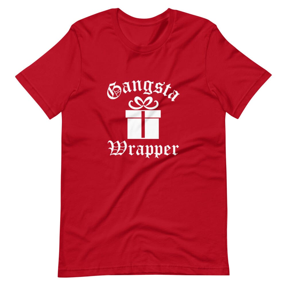 Gangsta Wrapper Christmas Tee featuring a fun design, made from 100% Ringspun Cotton, perfect for holiday celebrations.
