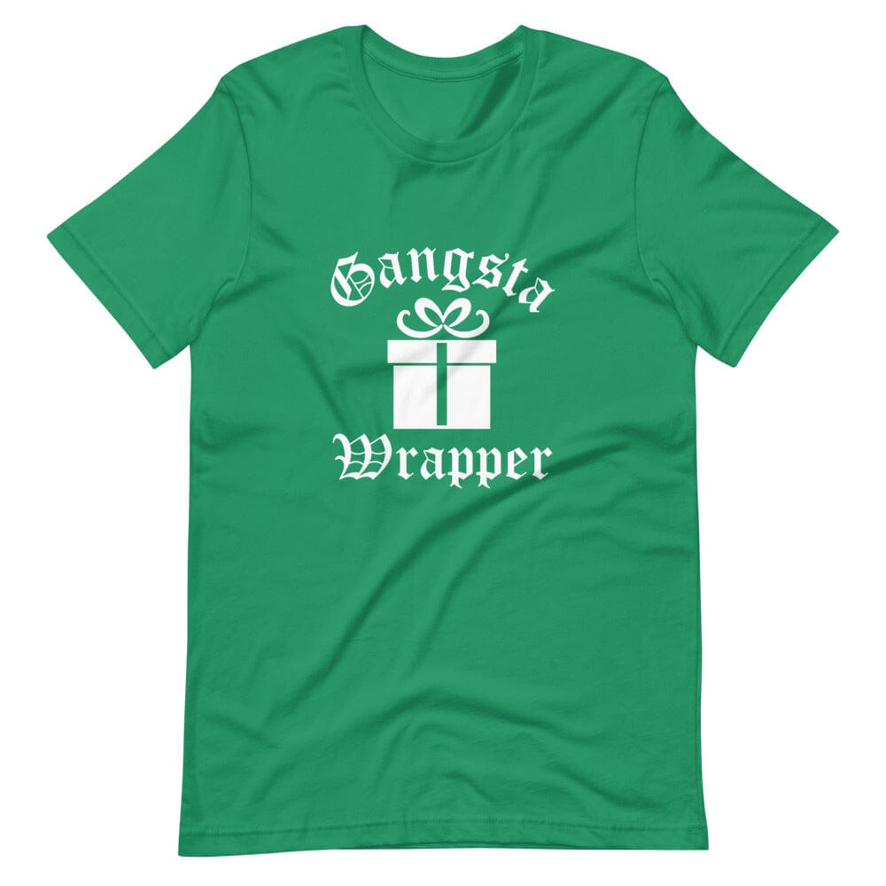 Gangsta Wrapper Christmas Tee featuring a fun design, made from 100% Ringspun Cotton, perfect for holiday celebrations.