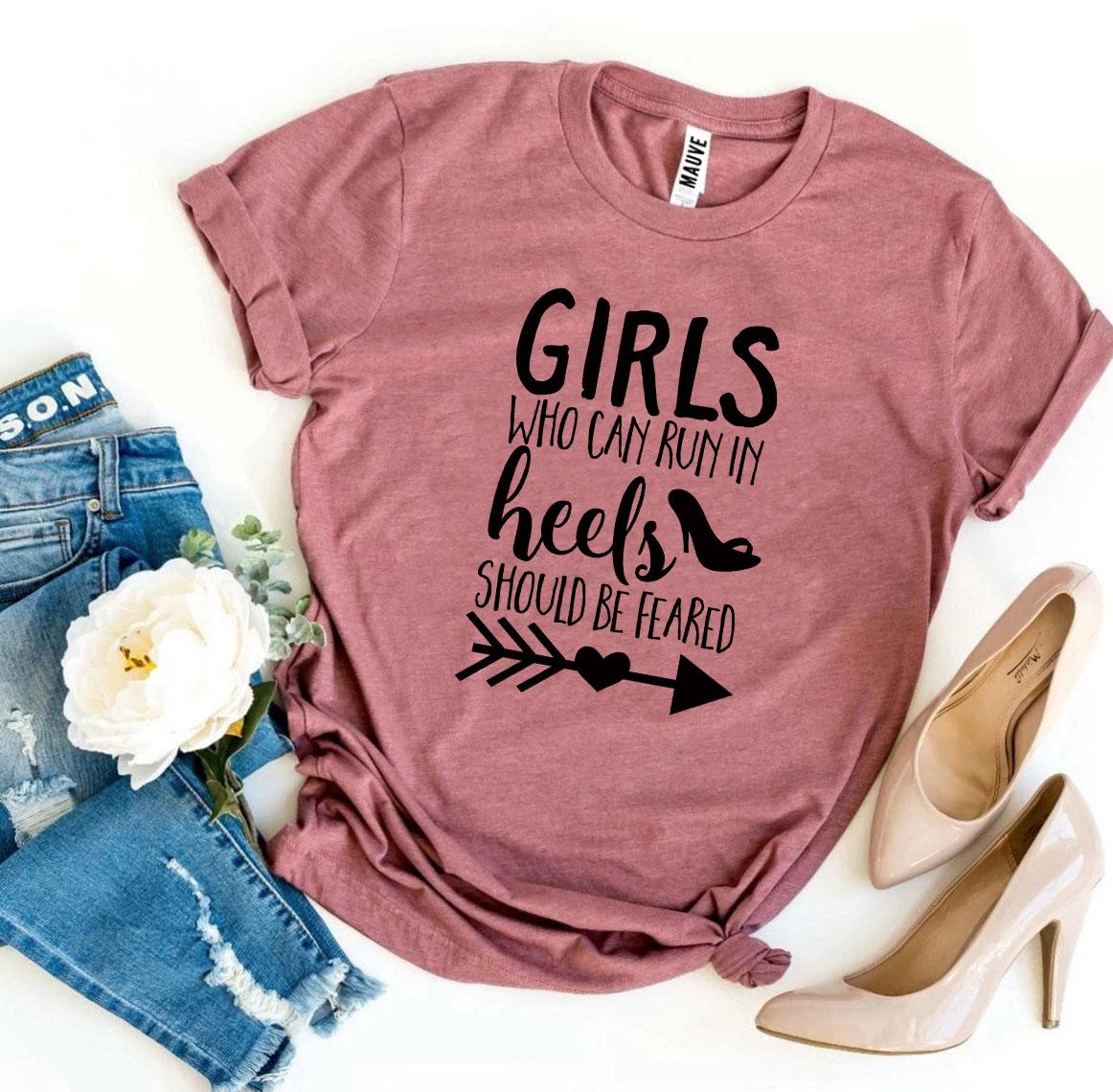 Girls Who Can Run In Heels T-shirt made from premium ring spun cotton, featuring a stylish flex print design.