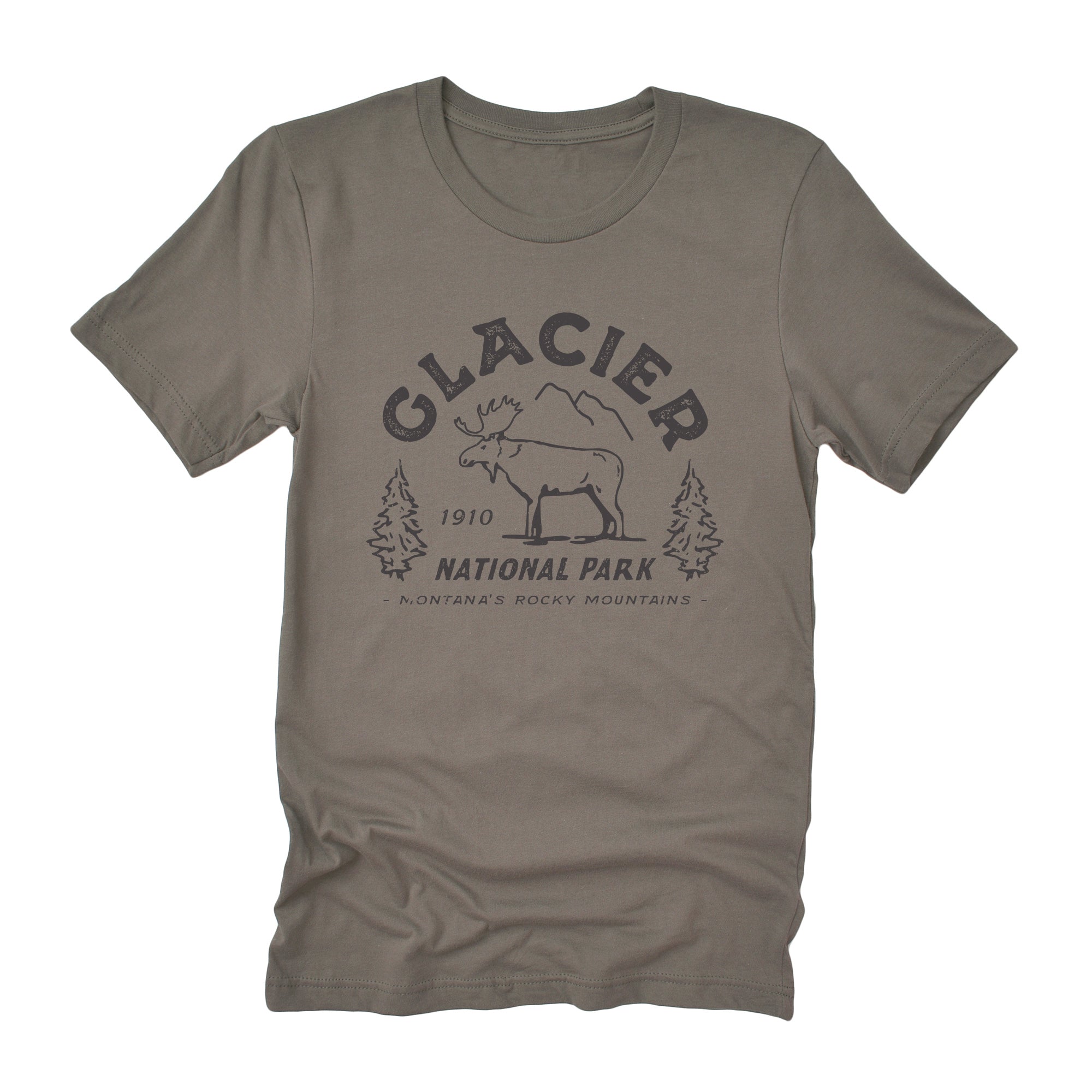 A soft, relaxed fit short sleeve t-shirt featuring a distressed design inspired by Glacier National Park, made from 100% combed cotton.