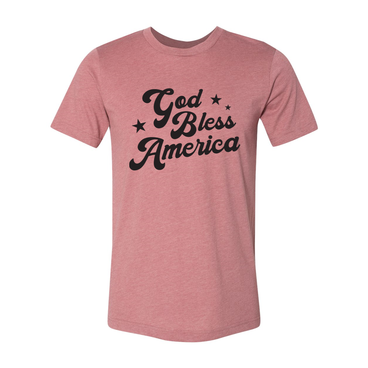 God Bless America T-shirt featuring a patriotic design, made from soft airlume cotton, available in various sizes.