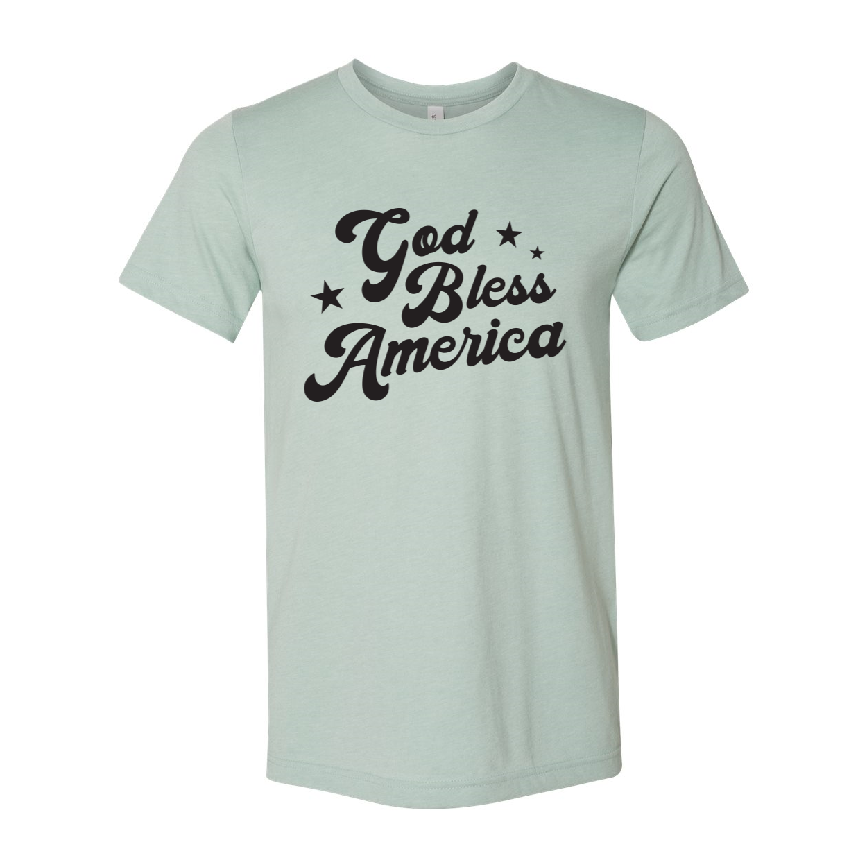 God Bless America T-shirt featuring a patriotic design, made from soft airlume cotton, available in various sizes.
