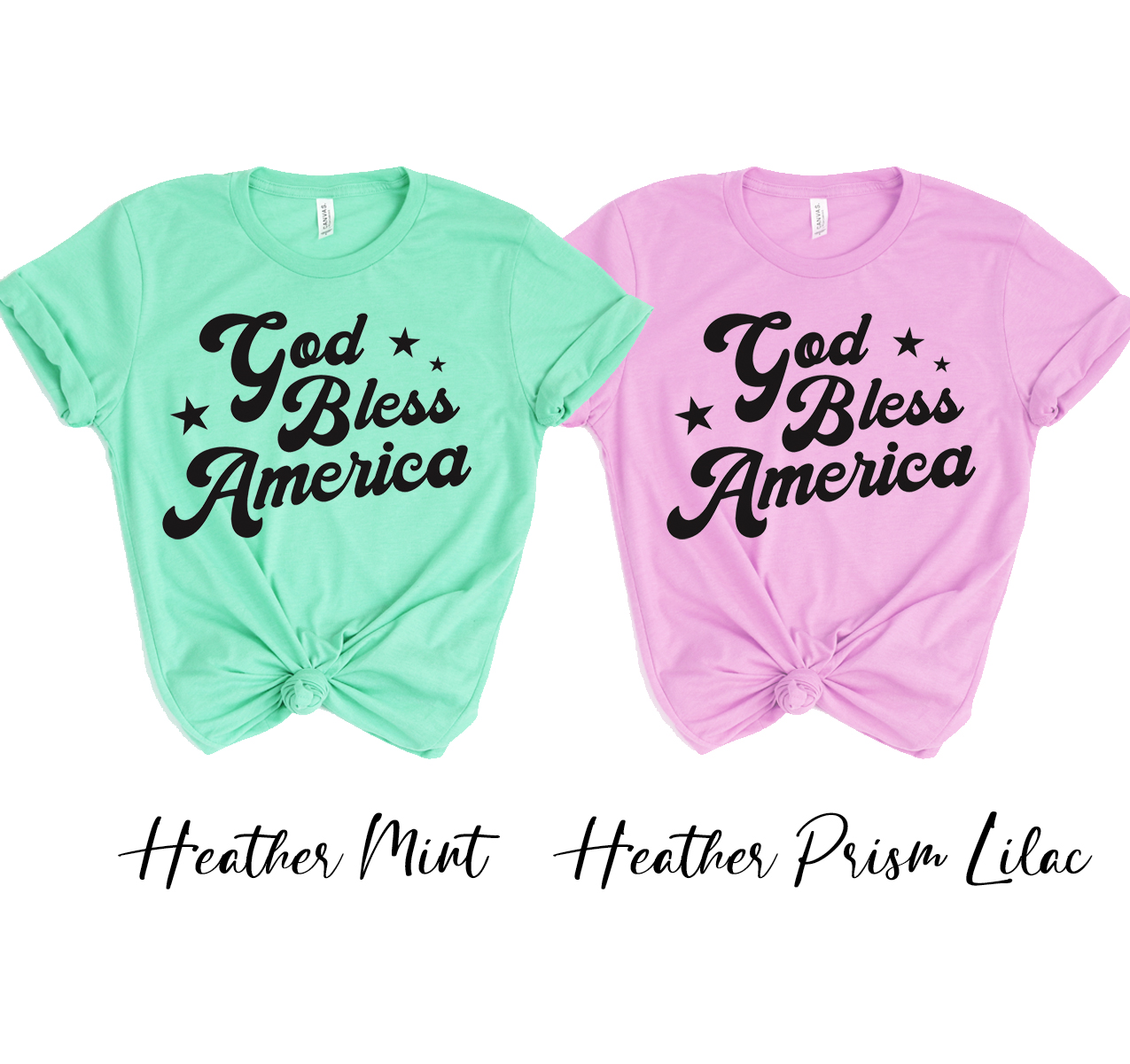 God Bless America T-shirt featuring a patriotic design, made from soft airlume cotton, available in various sizes.