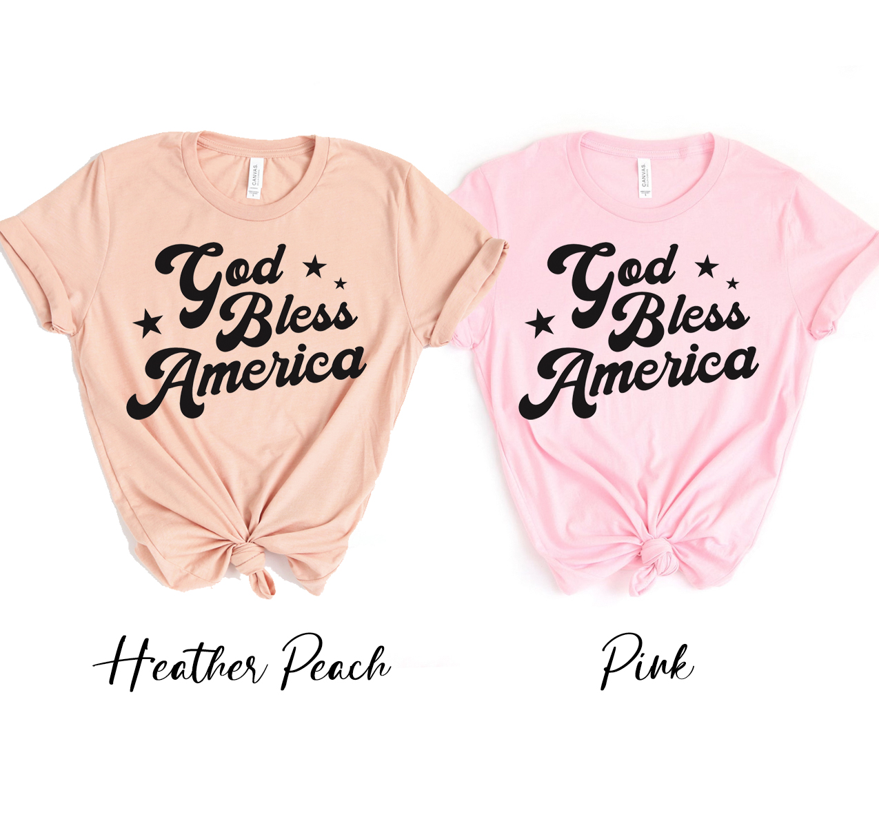 God Bless America T-shirt featuring a patriotic design, made from soft airlume cotton, available in various sizes.