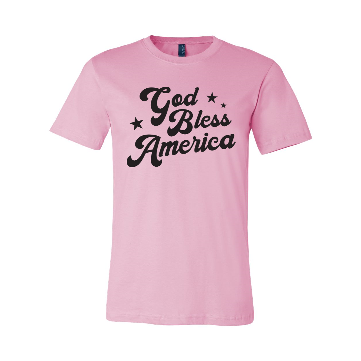 God Bless America T-shirt featuring a patriotic design, made from soft airlume cotton, available in various sizes.