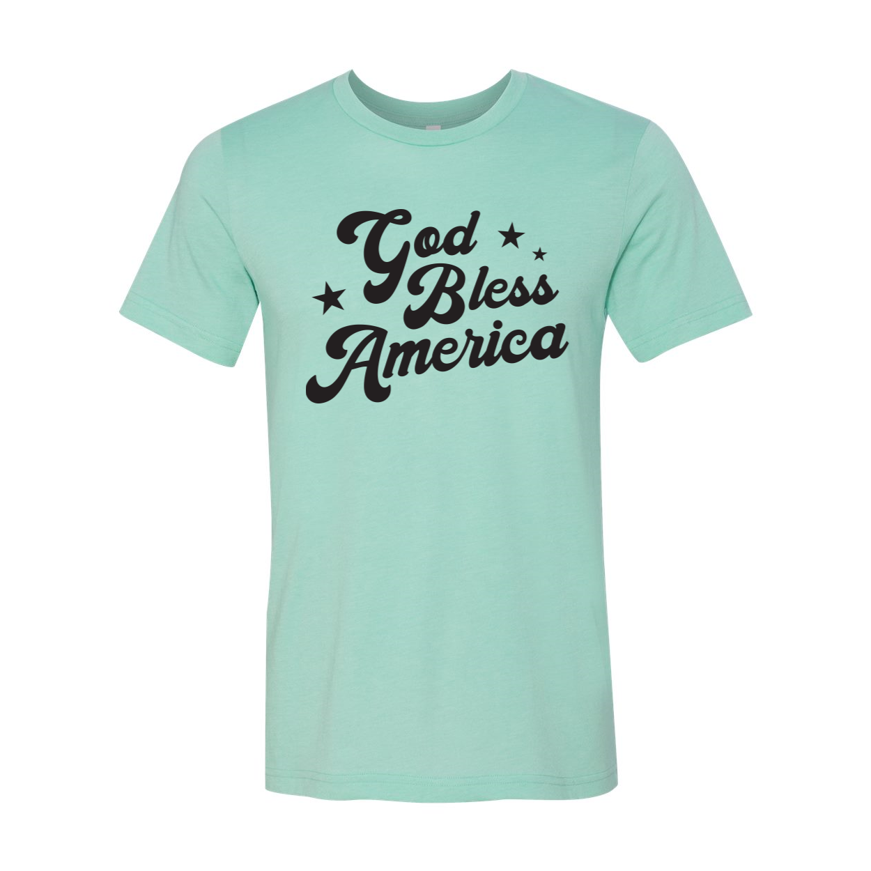God Bless America T-shirt featuring a patriotic design, made from soft airlume cotton, available in various sizes.