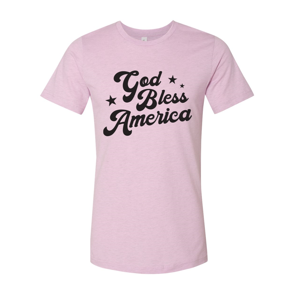 God Bless America T-shirt featuring a patriotic design, made from soft airlume cotton, available in various sizes.
