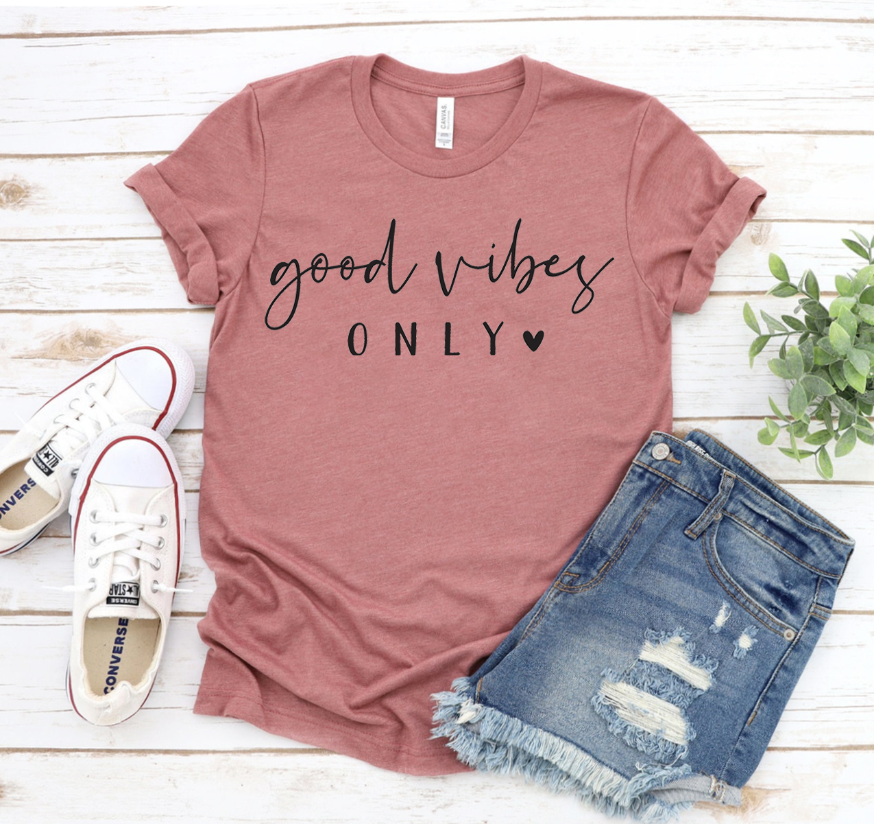 Good Vibes Only T-shirt displayed on a mannequin, showcasing its unisex design and soft fabric.