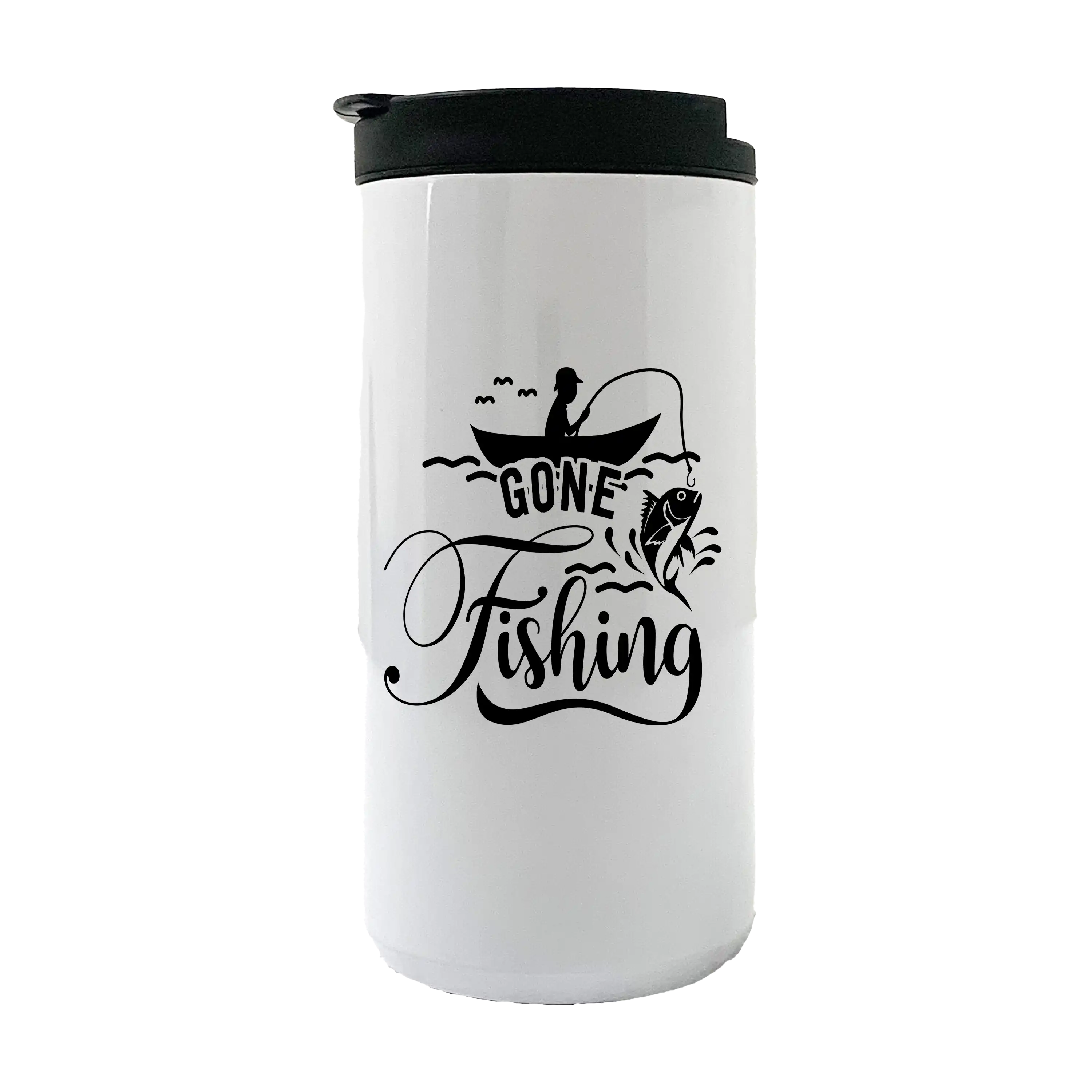Gone Fishing 14oz Insulated Coffee Tumbler in stainless steel with vibrant UV printed fishing design, perfect for hot or cold beverages.