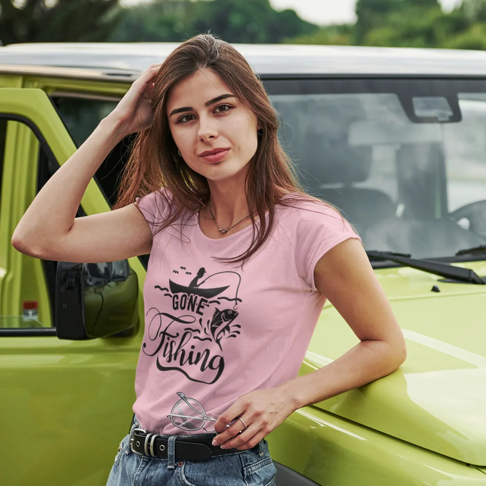 A stylish Gone Fishing T-Shirt for women, featuring a comfortable fit and vibrant design, perfect for fishing enthusiasts.