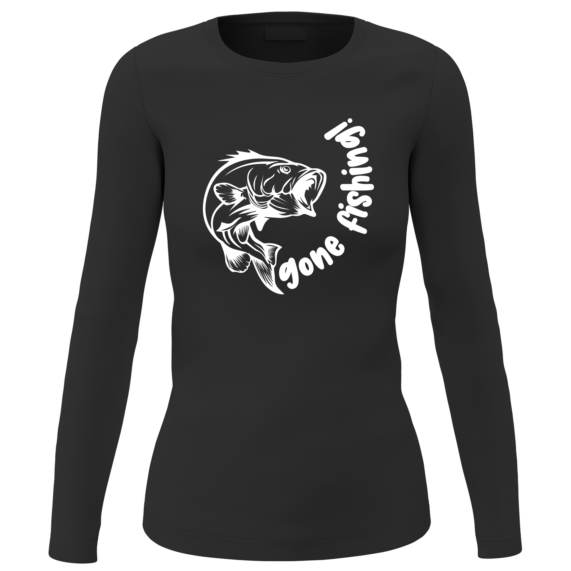 Gone Fishing v1' Long Sleeve sweatshirt for women featuring an all-over printed design, soft brushed fleece interior, and classic midweight fabric.