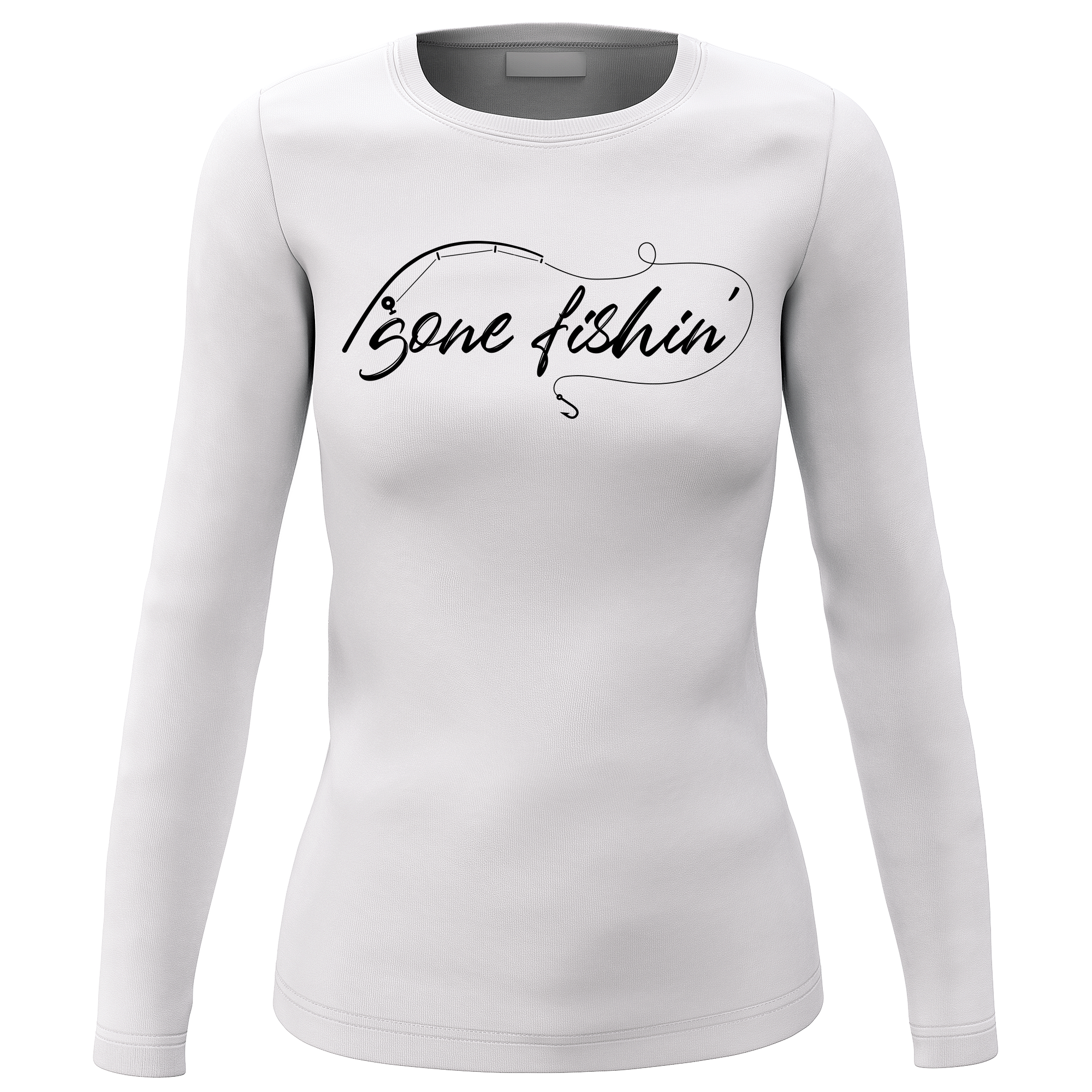 Gone Fishing v2 Long Sleeve sweatshirt for women featuring unique all-over print design and soft brushed fleece interior.