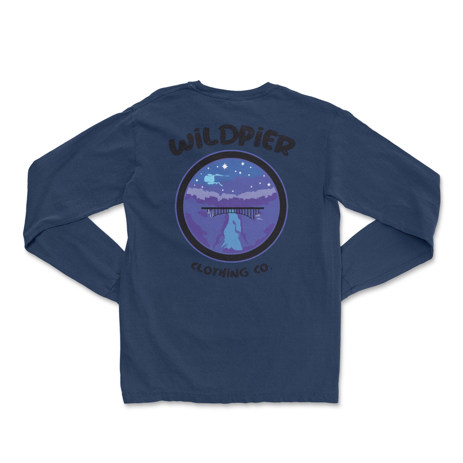 Gorge Long Sleeve shirt in True Navy featuring the New River Gorge Bridge design, perfect for outdoor activities.