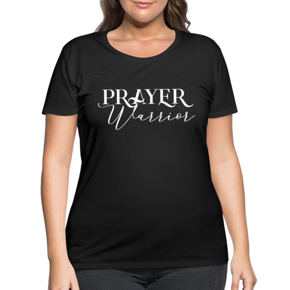 A plus-size women's graphic tee featuring the text 'Prayer Warrior', made from soft cotton fabric, showcasing a curvy fit.