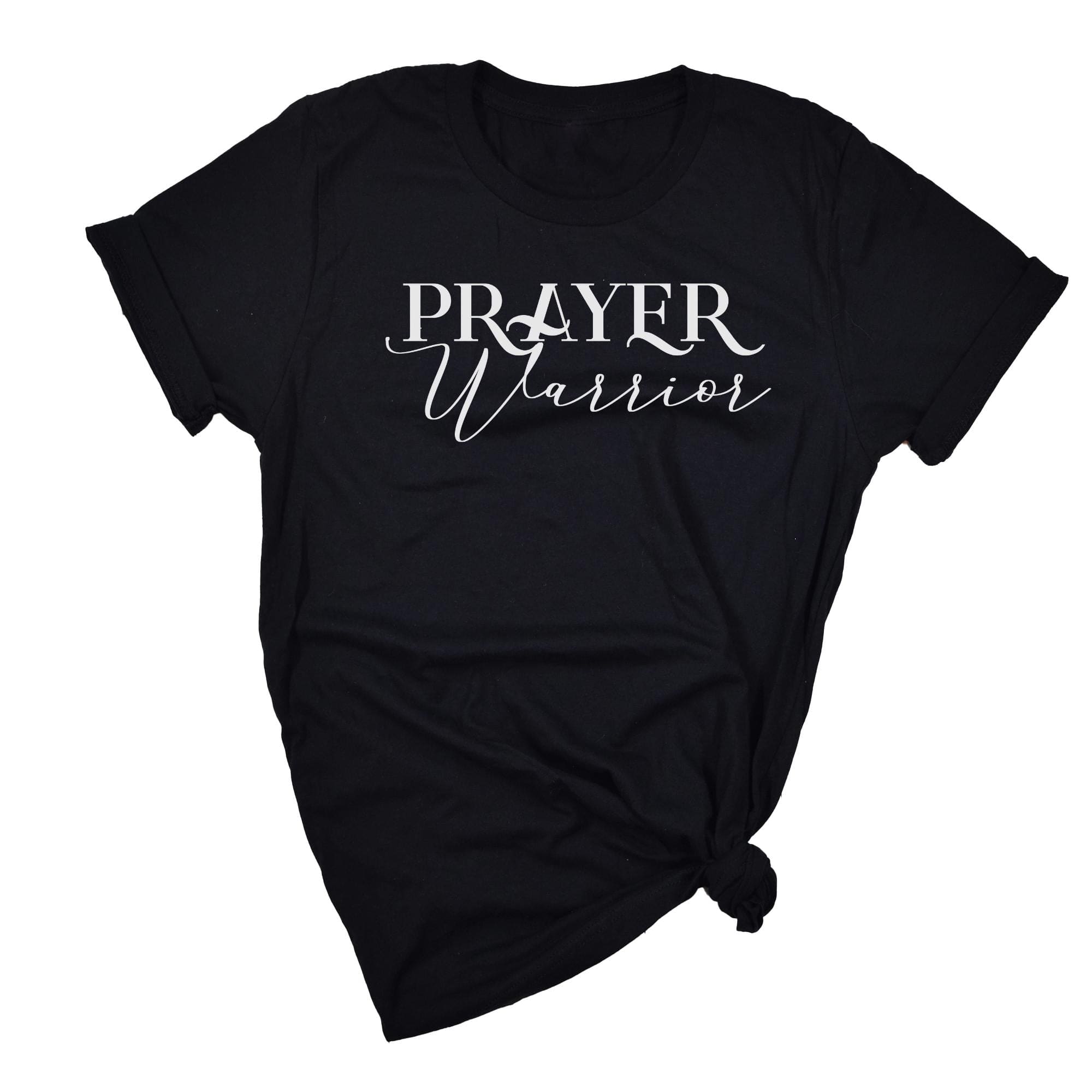 A plus-size women's graphic tee featuring the text 'Prayer Warrior', made from soft cotton fabric, showcasing a curvy fit.