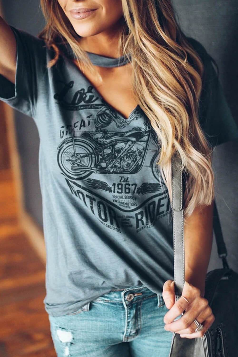 Gray Funny Motorcycle Printed Halter V-Neck Short Sleeve T-Shirt featuring a chic motorcycle print and relaxed fit design.